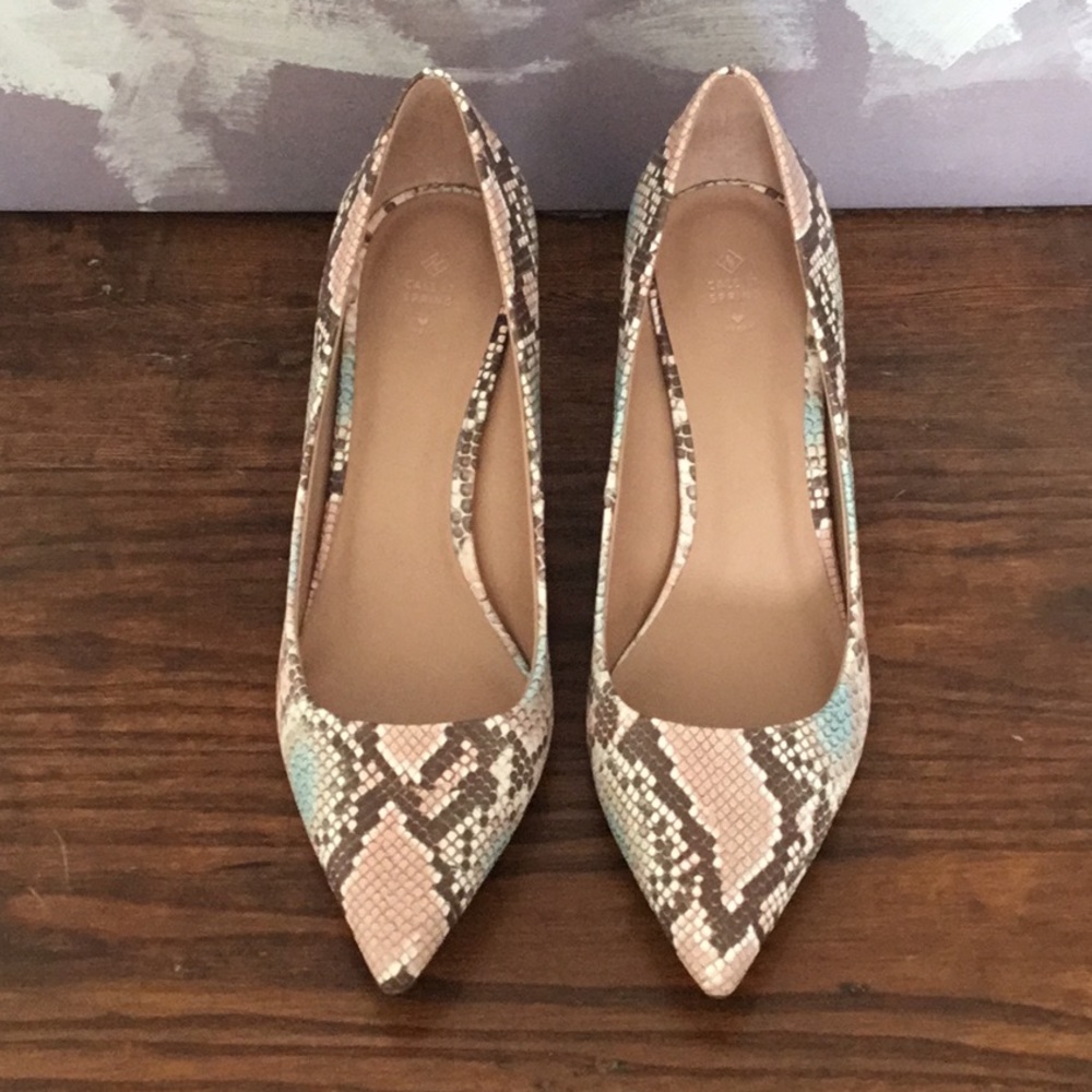 Call It Spring Pink, Brown & Teal Snakeskin Pointed Toe Heels